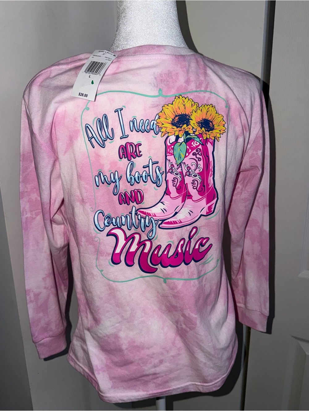 Girls' Pink Tie-Dye Long Sleeve Tee with Boots & Sunflower Country Music Graphic
